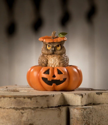 Bethany Lowe Mr. Grumps Owl & Pumpkin Figurine ~~ Halloween Must-Have