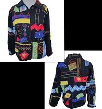 Vintage Womens Large Artsy Jacket Patchwork Colorful Lined Embroidered Abstract