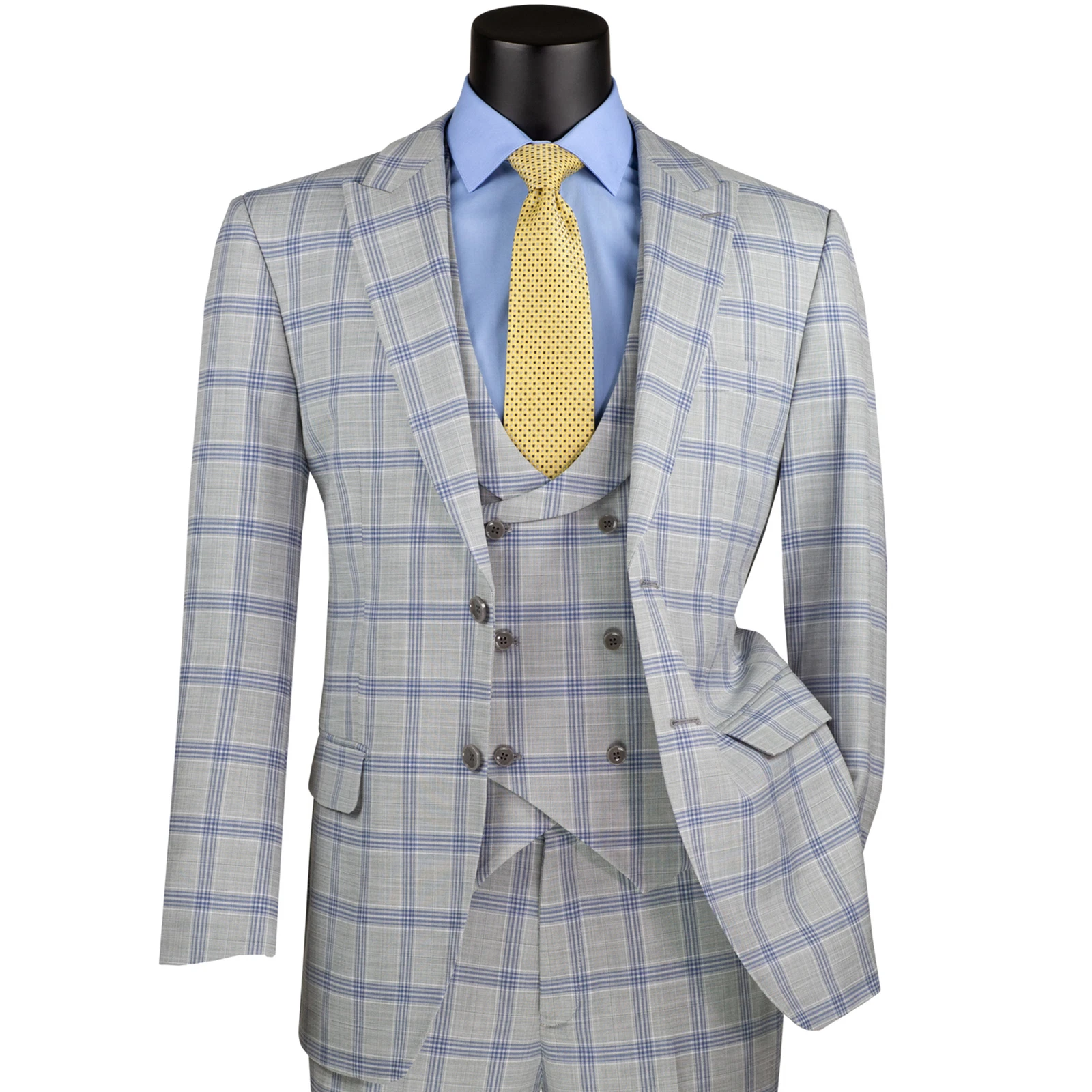 VINCI Men's Light Gray Windowpane 3pc Stretch Modern Fit Suit - NEW