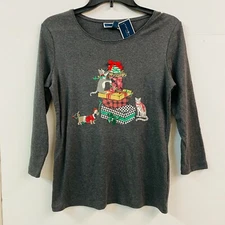 Karen Scott Womens L Gray Holiday Christmas Cat Dog Print Top NWT CV35