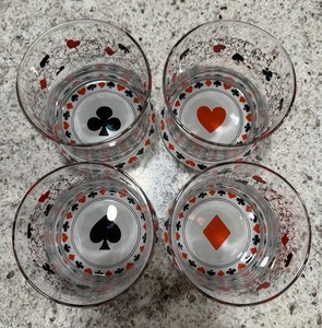 Royal Flush Poker Casino Low Ball Bar Glasses MCM Vintage Club Poker Cards Set 4
