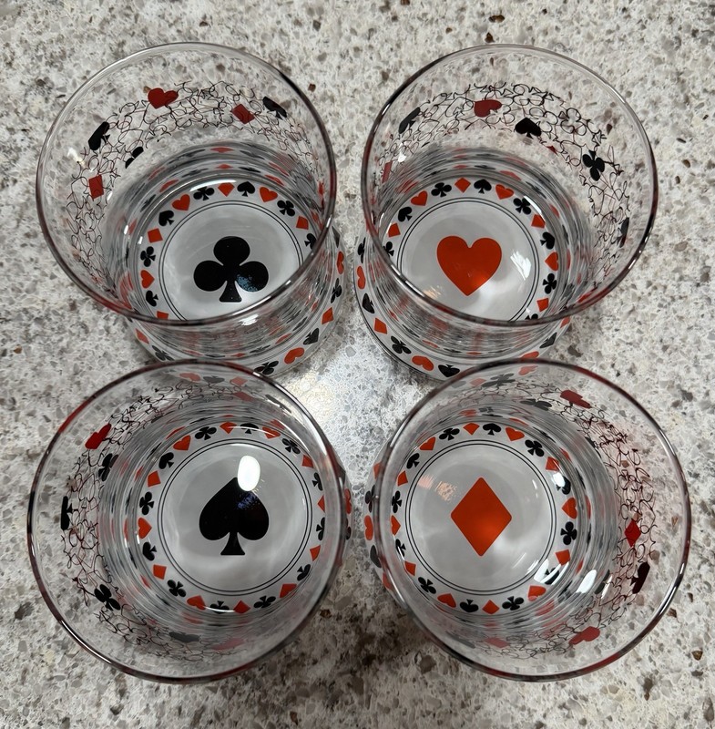 Royal Flush Poker Casino Low Ball Bar Glasses MCM Vintage Club Poker Cards Set 4