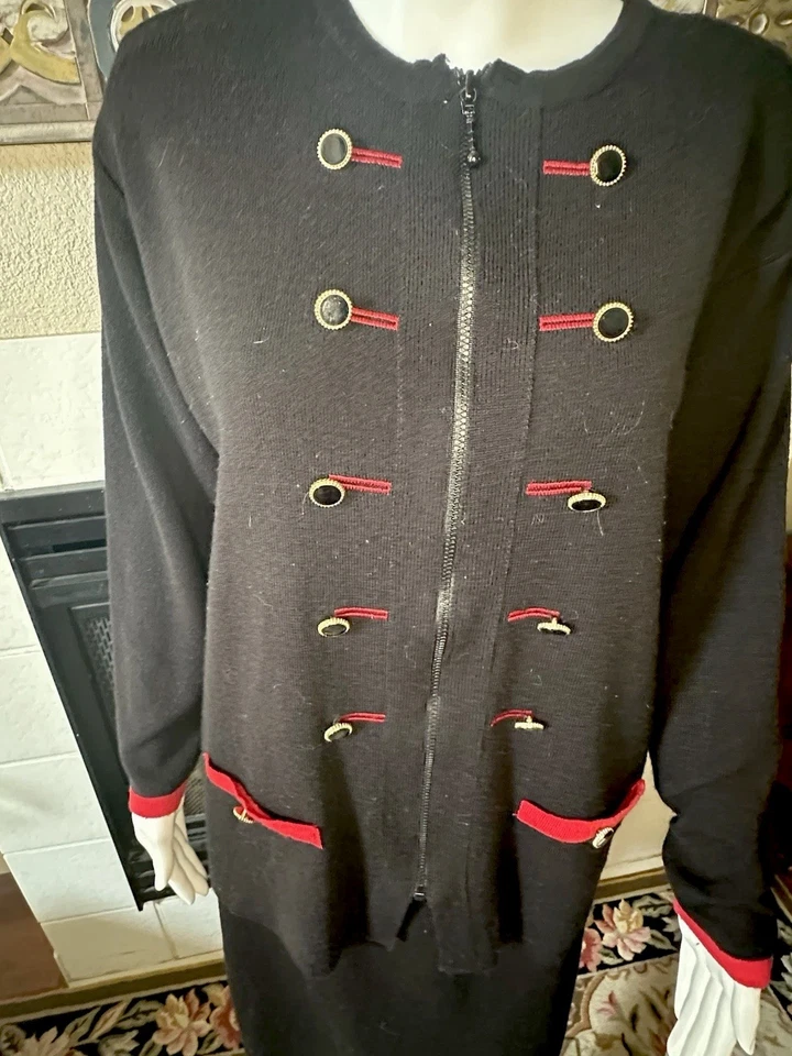 Conjunto Suéter Falda y Cárdigan Adolfo Collectibles Cremallera Mezcla Lana Lg Negro Rojo Foto 2 de 4