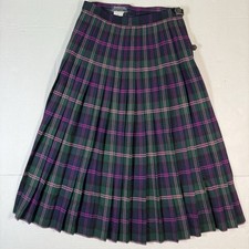VTG Burberrys Wool Kilt Skirt Made in Scotland Green Navy Tartan Pink Check 12