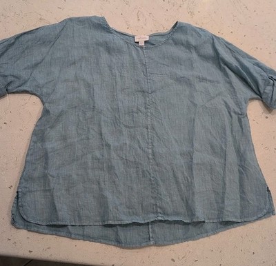 J.Jill PureJill 100% Linen Top Women's Sz Small Blue Short Sleeve Minimalist