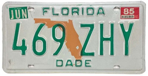 Vintage Florida 1985 License Plate 469 ZHY Miami Dade County DMV Clear YOM