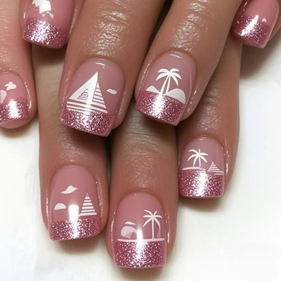 24 Pcs Coconut Tree False Nail Sailboats Press On Nail Short Oval Acrylic Nail