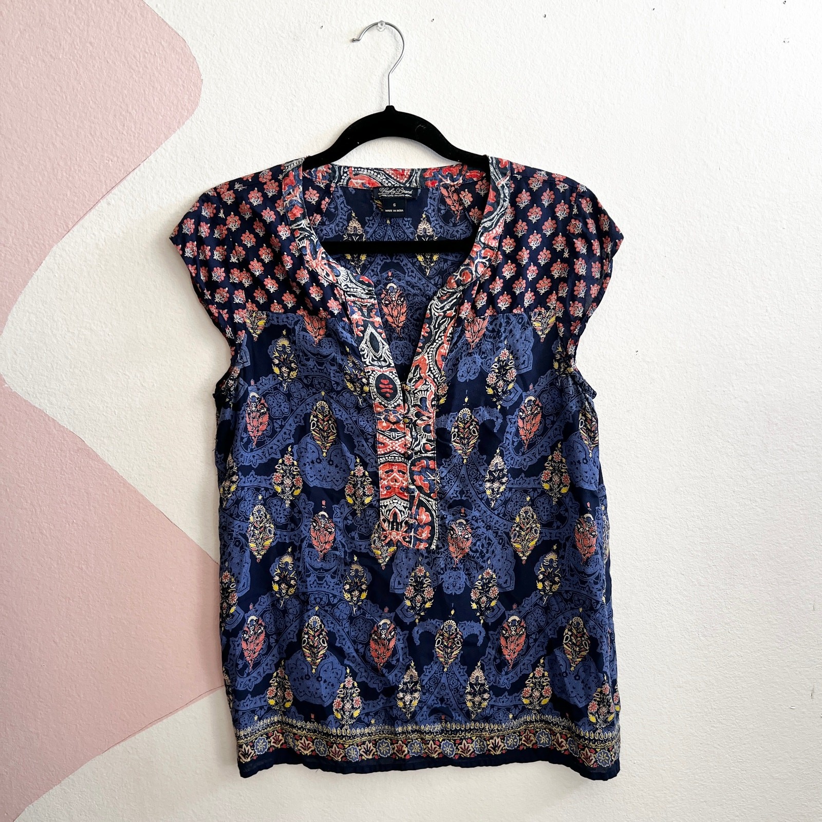 Lucky Brand Peasant Top Women's Size Small Blue Boho Paisley Print