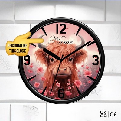 Personalisierte Hochlandkuh Wanduhr Mohnblume Land Geschenk Name leise Sweep