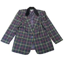 Sag Harbor Wool Blazer 14 Green Navy Tartan Plaid Velvet Collar Preppy Corporate