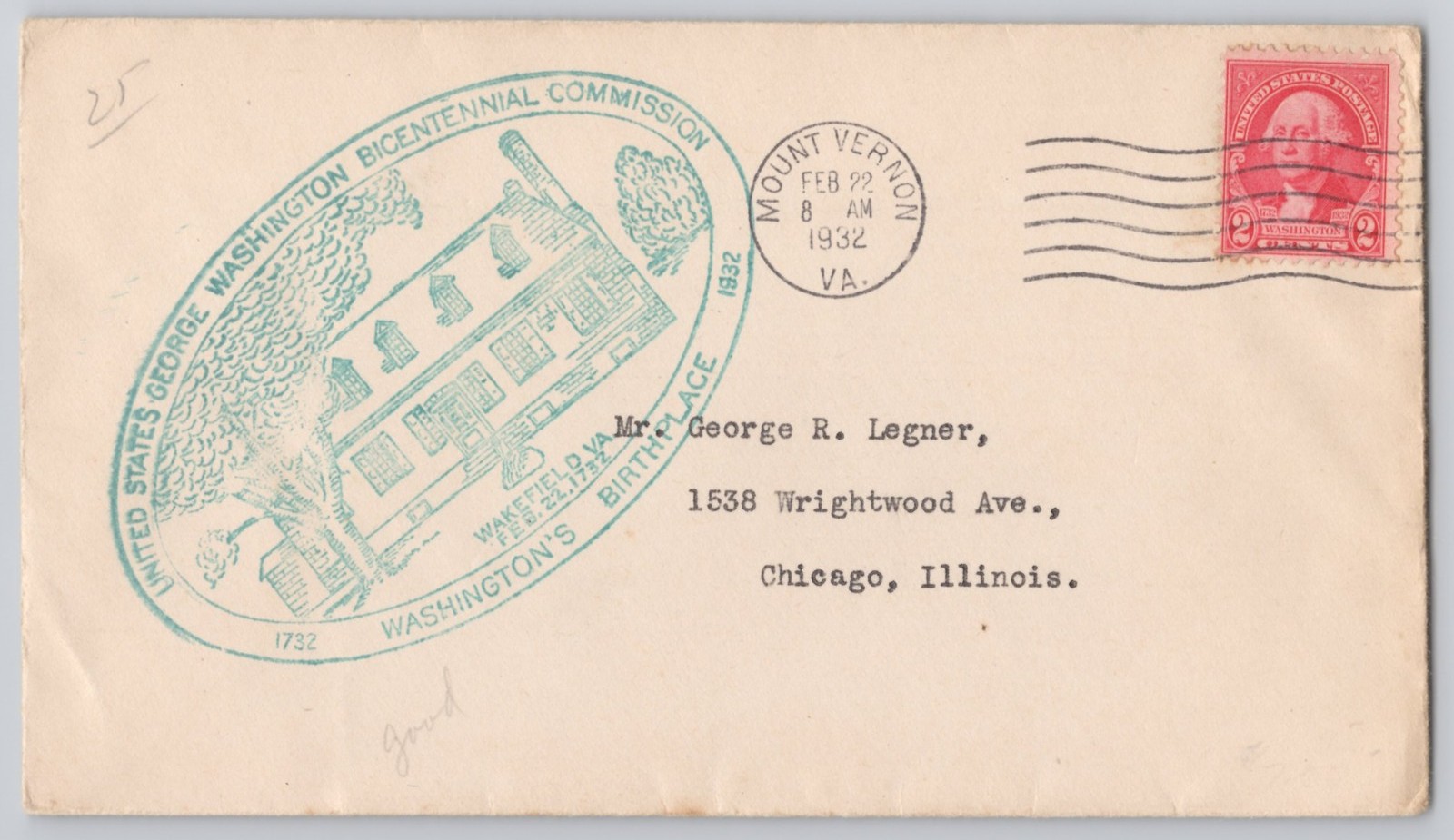 Wakefield, VA Washington's Birthplace bicentennial cachet, 1932 2c