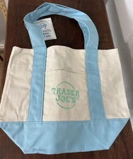 TRADER JOES Mini Canvas Tote Bag Spring 2025 Pastel Blue Green Embroidery