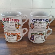 Set Of 4 Vintage Recipe Soup Mugs Bowls Ceramic With Handles 1970s Collectable
