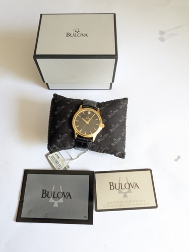 Nuevo de Lote Antiguo Bulova 97F55 Reloj de Cuarzo para Hombre Esfera Negra Caja Dorada Acento Diamante con Caja