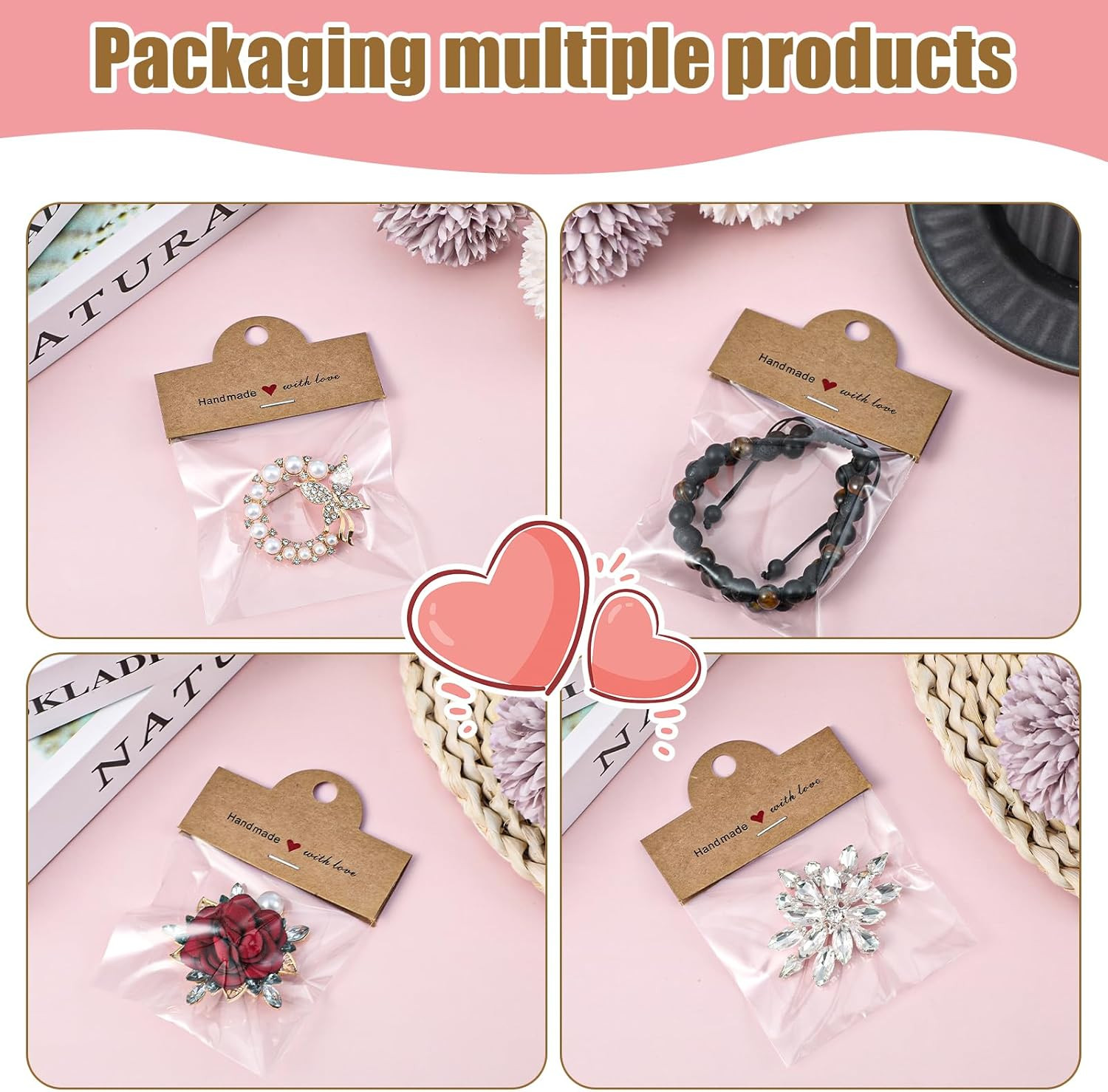 Bracelet Cards for Selling Jewelry 100 Pcs Brown Jewelry Package Bags with Hangi