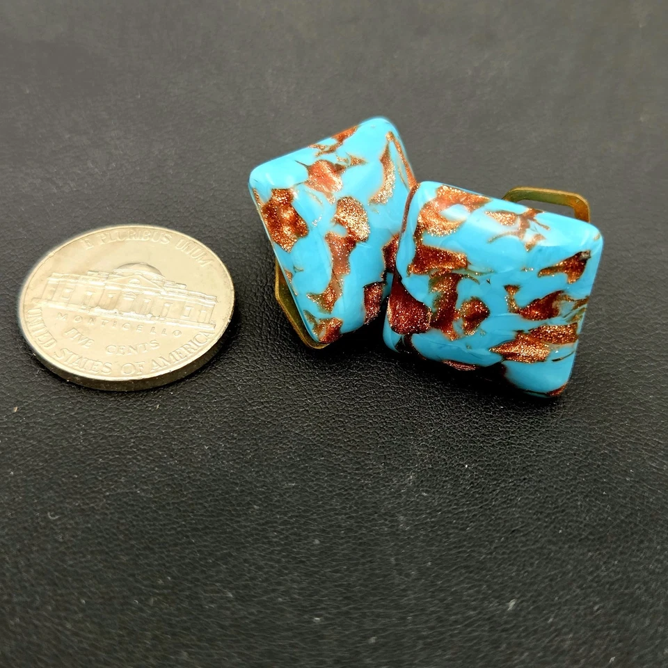 Квадратные серьги из муранского художественного стекла с голубым авантюриновым медным акцентом Италия - Изображение 3 из 4