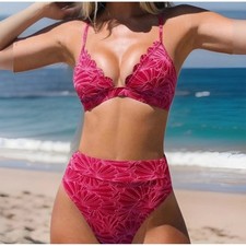Cupshe XS Pink Floral Bikini Set Women  s 2-Piece Scalloped V-Neck High Waist
