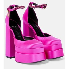 Versace Aevitas Platform Pumps 38.5 US 8.5 Pink Fuchsia Satin Crystal NIB $1575
