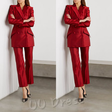Women  s Red Satin Formal Suits Double-Breasted Office Party Wedding Event Wear