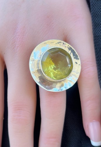 Vintage Modern Hammered Sterling Silver Round Disc Citrine Yellow Glass Ring 8.5