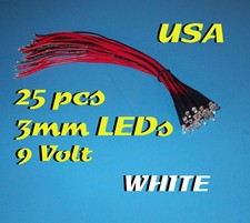 25 PRE WIRED 3mm WHITE LEDs 9 VOLT 9V WIRE LED PREWIRED