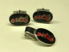 HOOK-FAST Vintage Style Fire Truck Pair Of Cufflinks & Tie Bar Jewelry 