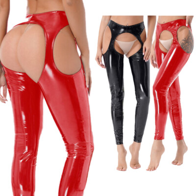 US Womens Faux Leather Leggings High Waisted Hollow-Out Crotchless Skinny Pants
