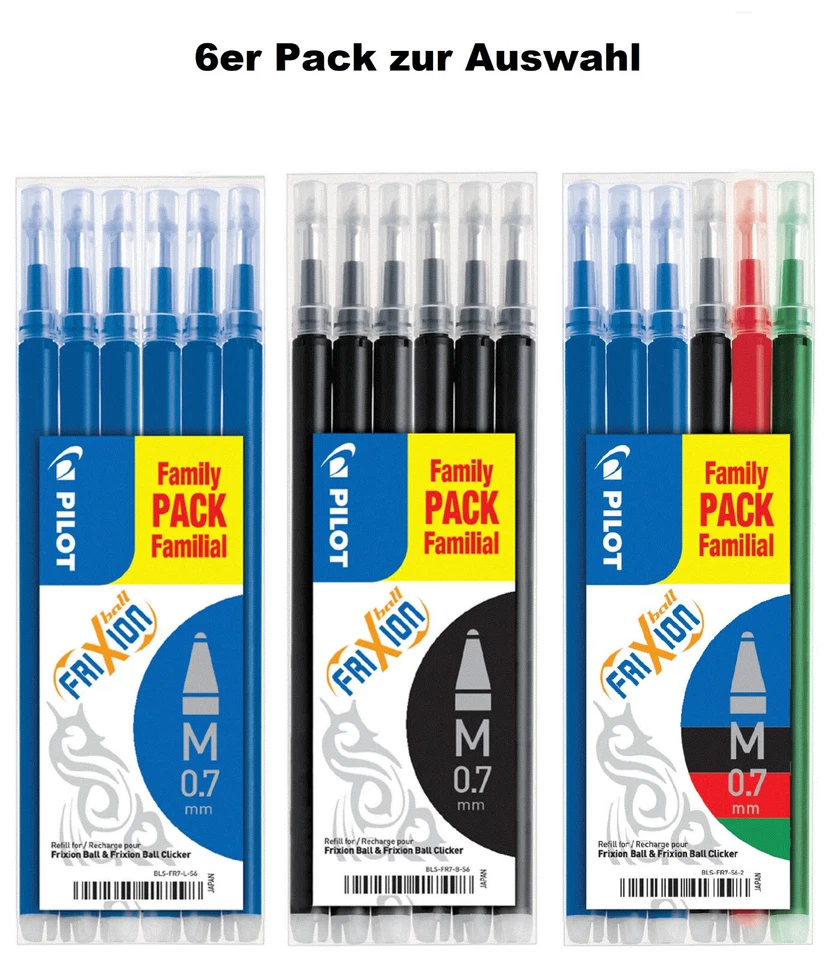 6 Minen PILOT Frixion Ball, Clicker Tintenroller-Ersatzmine BLS-FR7 FAMILY PACK 