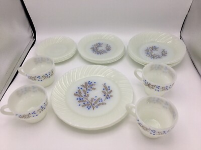 Termocrisa Milk Glass Blue Flowers Plates Cups Saucers Bowls Dessert Dish Mexico
