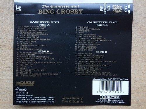 TWIN CASSETTE ALBUM THE QUINTESSENTIAL BING CROSBY 50 OF HIS FINEST PERFORMANCES - Picture 9 of 16