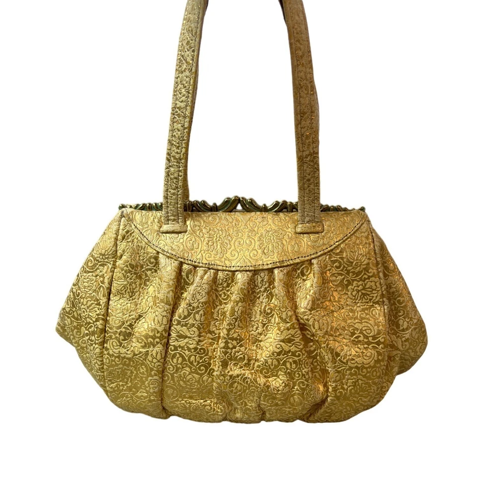 Bolso de mano de noche vintage para mujer de oro amarillo con patrón floral en relieve Foto 2 de 4