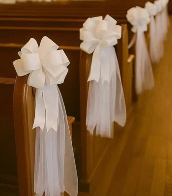 White Wedding Pew Bows/Tulle Tails,Aisle Chair Decorations,Church Ceremony Decor - Image 1 of 4