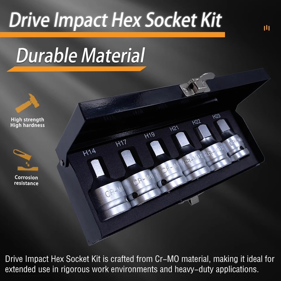 6PCS 3/4"Drive Hex Allen Bit Socket Set, Cr-Mo H14 H17 H19 H21 H22 H23 Drive Imp - Image 2 of 4