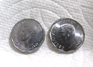 2 Vintage Canada 5 Cent Coins 1944 / 1945 Excellent Condition