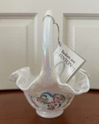 Fenton Iridescent Glass Basket Hand Painted Signed With Tags S Hopkins Vintage