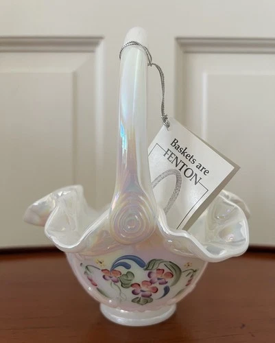 Fenton Iridescent Glass Basket Hand Painted Signed With Tags S Hopkins Vintage