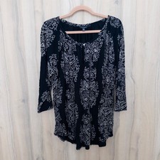 Lucky Brand Womens Floral Top 1X Black 3/4 Sleeve Boho Peasant Lightweight