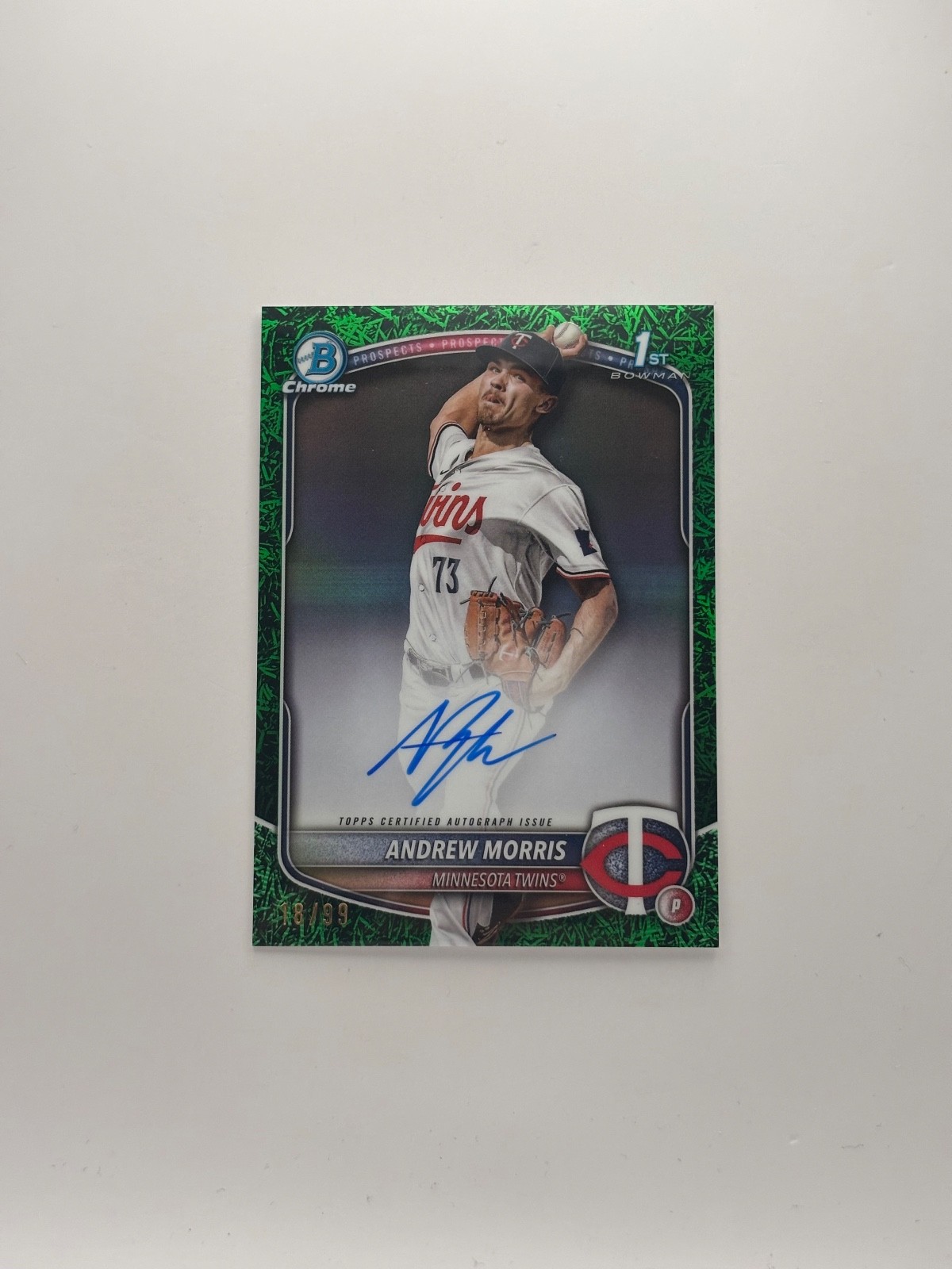 Andrew Morris 2025 Bowman Chrome 1st Auto Green Grass Refractor /99 Twins