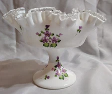 FENTON Violets in the Snow Silver Crest Compote Pedestal Bowl (Unsigned )