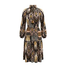 Figue Maxi Midi Tier Dress Side Print Ruffle Size XL Pink Gold Tassels Boho