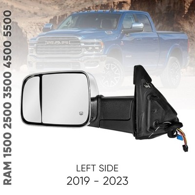 Left Door Towing Mirror Heated Chrome Manual Folding Puddle+Light For 19-25 Ram