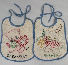 2 Vintage Hand Embroidered Cross Stitch Baby Bibs Cat And Bunny Ties Adorable