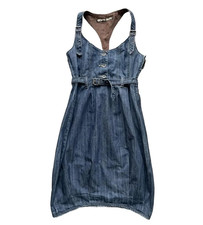 Y2K Miss Sixty Denim Dress | Grunge Midi Tulip Pinafore with Belt | Size 26/S