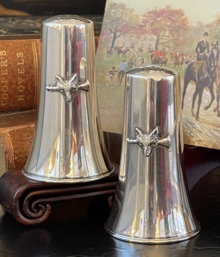 "Impresionante juego raro de 3"" Newport de plata esterlina cuerno de caza de zorro sal pimienta americano" Foto 4 de 4