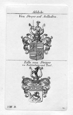 1820 Steger Aufhofen Steiger Wappen Adel coat arms heraldry Heraldik Kupferstich