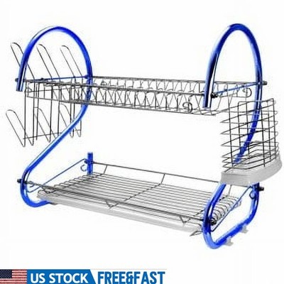 Two Tier Iron Wire Dish Rack W/ Utensil Holder & Plastic Draining Tray New