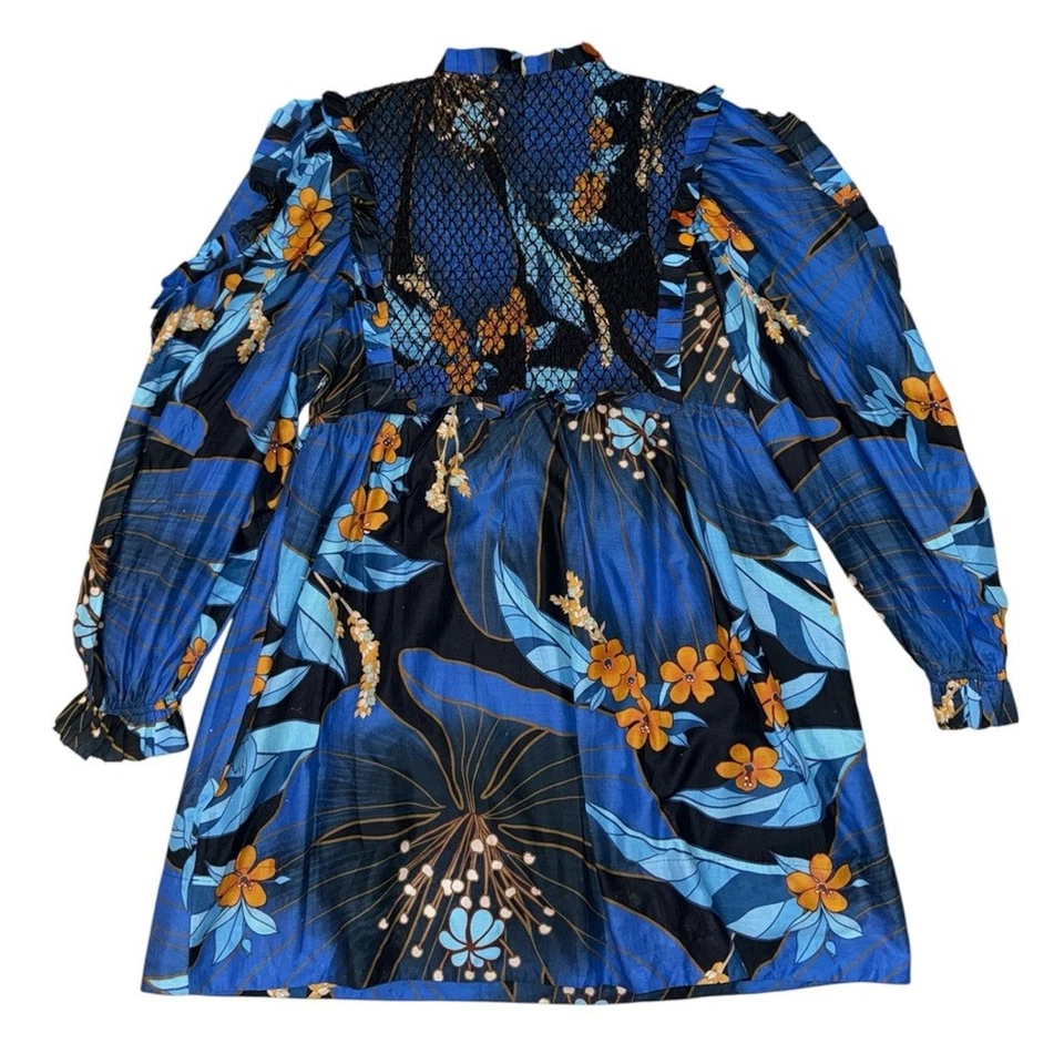 Farm Rio NWT Pietra floral mini dress blue orange ruffle women’s size XL - Image 2 of 4
