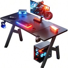 Gaming Desk LED RGB Computer Table Workstation w/ Cup Holder & Headphone Hook