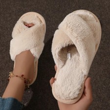 Women Fluffy Cross Fur Slippers Open Toe Warm Indoor Flat Non Slip Slides  UK