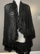 Fringe Shawl Wrap Womens One Size Black Open Knit Poncho Boho Festival